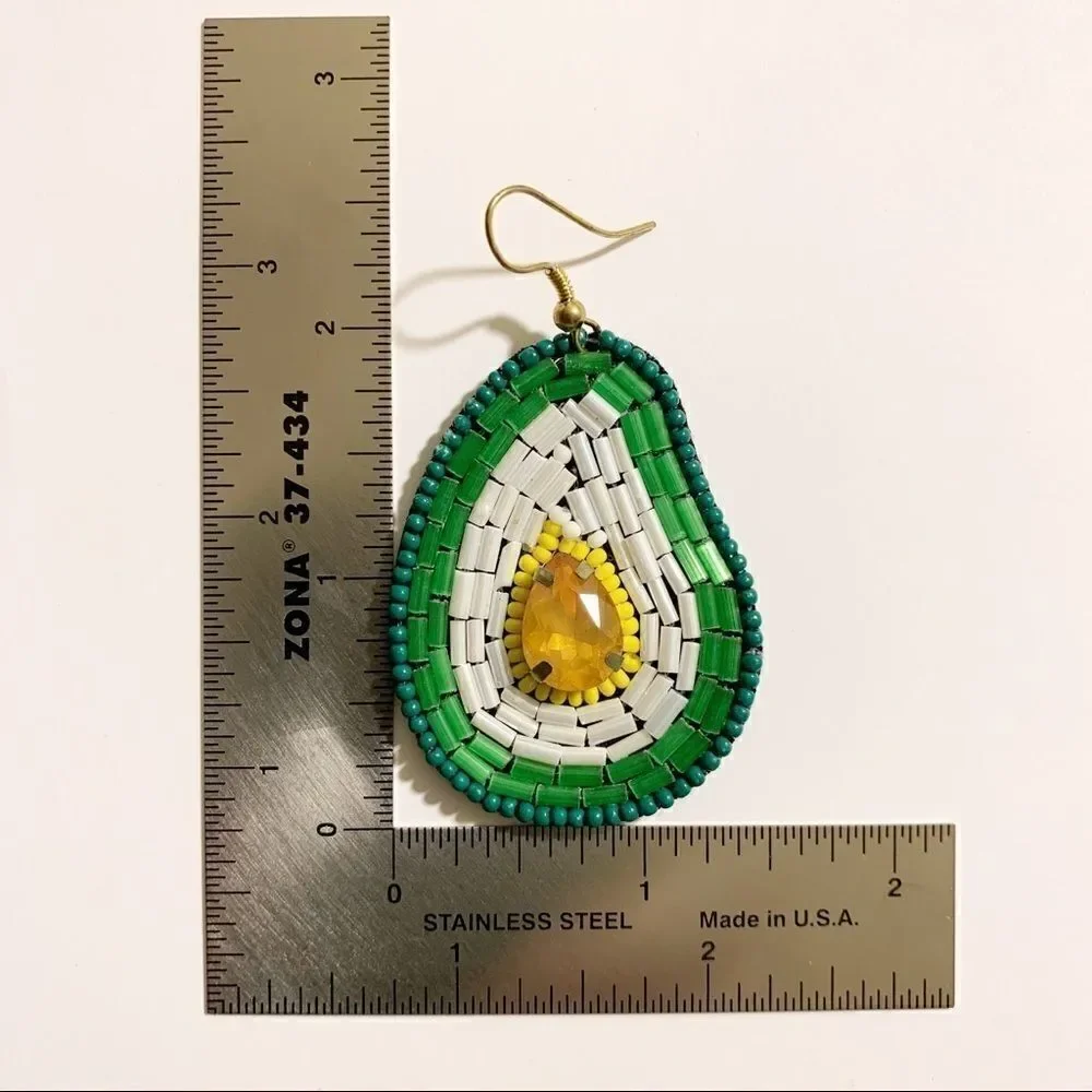 Bohemian Beaded Avocado Drop Earrings, White/Green
